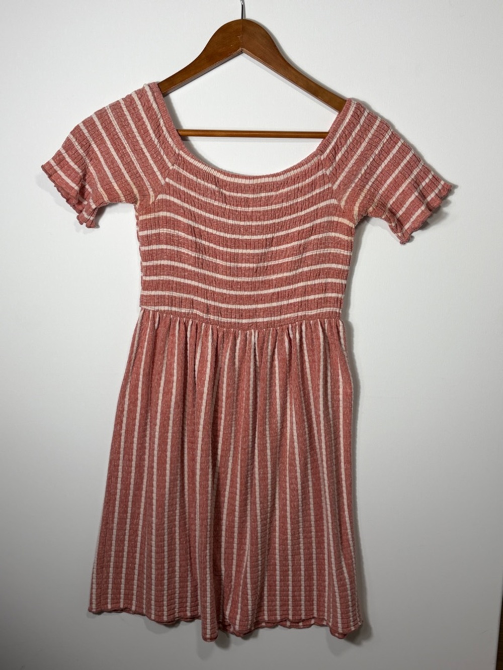 Altar’d State Smocked Stripe Mini Dress Off Shoulder Pink White Medium